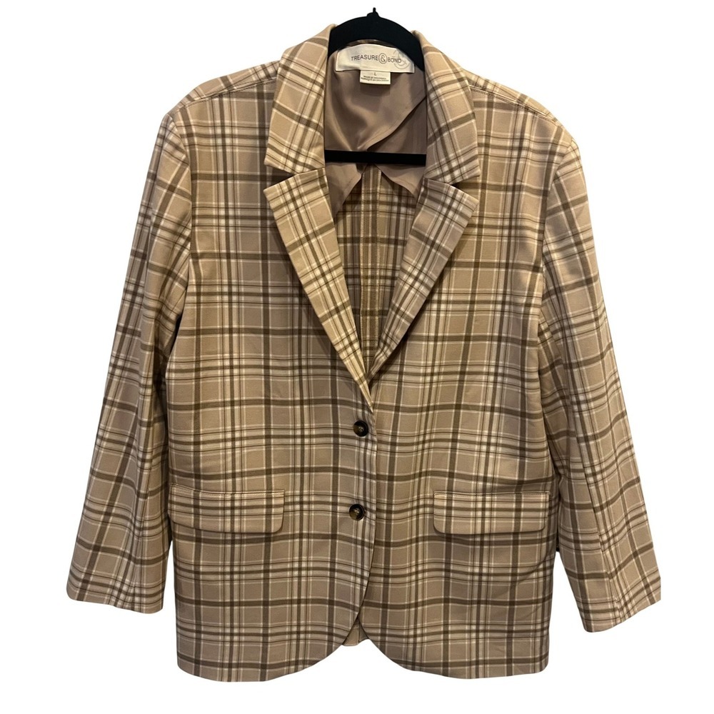 Treasure & Bond Womens Tan Brown Plaid Oversized Blazer Jacket L (1170)